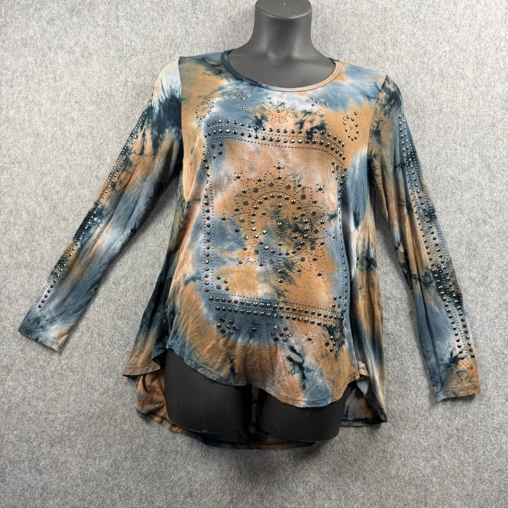Vocal Women's Tunic large Brown Blue Tie Dye Studded Long Sleeve